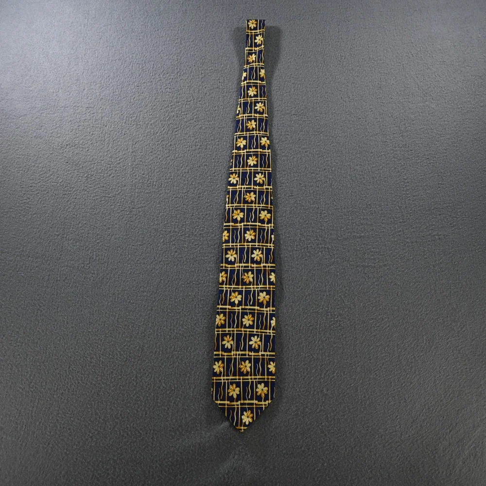 Paul Fredrick Mens Floral Grid Italian Silk Handmade Necktie OS Blue Yellow USA